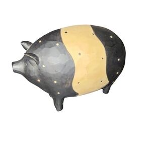 Charming Hand Carved Pig Figurine Black Beige Polka Dot Accent "Suzi" Brand‎